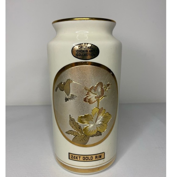 Hummingbird & Flowers Art of Chokin 24kt Gold Vase Made In Japan - Picture 1 of 4